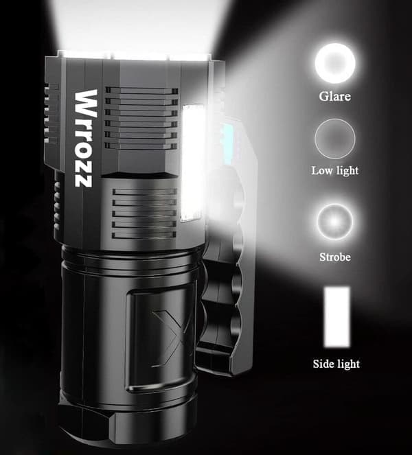 LED Flashlight USB Rechargeable, High Lumen Tactical Light with Side Light, 4X LED, Zoomable, Handheld Super Strongest Flashlights, Portable Torch