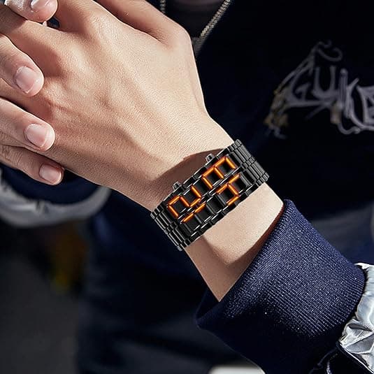 Herre Lava Stil Rustfrit Stål Ur Rød Blå LED Digital Ur Sort Armbåndsur