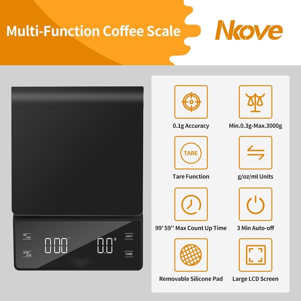 Digital kaffevekt med timer 3kg/0.1g Høypresisjons espressovekt tarafunksjon for Pour Over Maker Brew