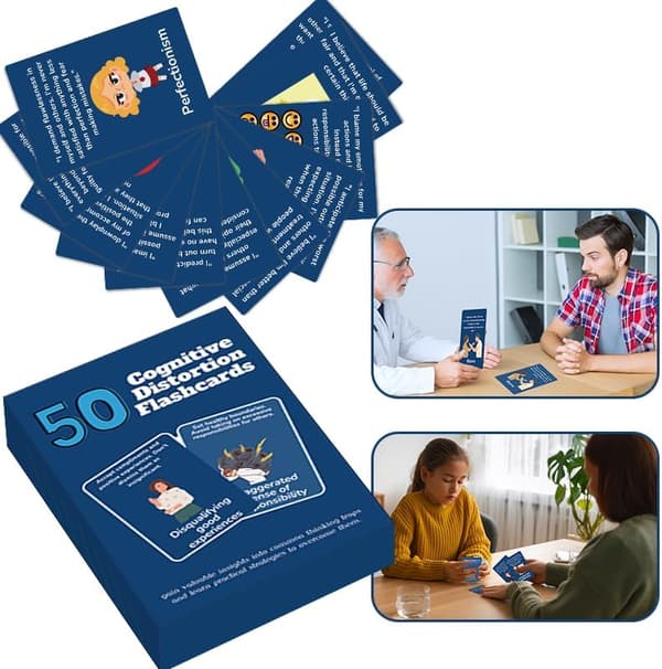 Kognitive Forvrængnings Flashcards, 50 Kort til Mental Sundhed og Genkendelse af Tankemønstre, Blå