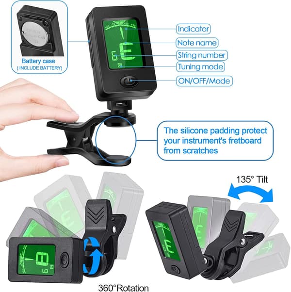 Gitarr Capo, Gitarrplektrum, Gitarrtillbehör, Gitarrstämmare för alla instrument Clip-on elektronisk stämmare för gitarr bas ukulele fiol mandolin banjo