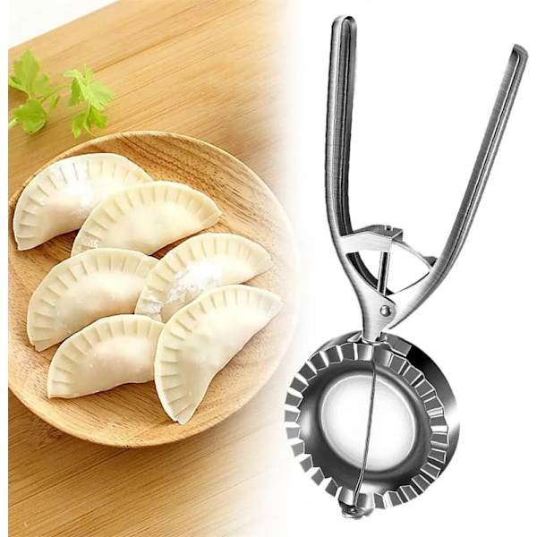 Dumplingfremstillingsværktøjer i rustfrit stål, håndlavede køkken- og bagegadgets, professionel dumplingform i sølv med rillede kanter.