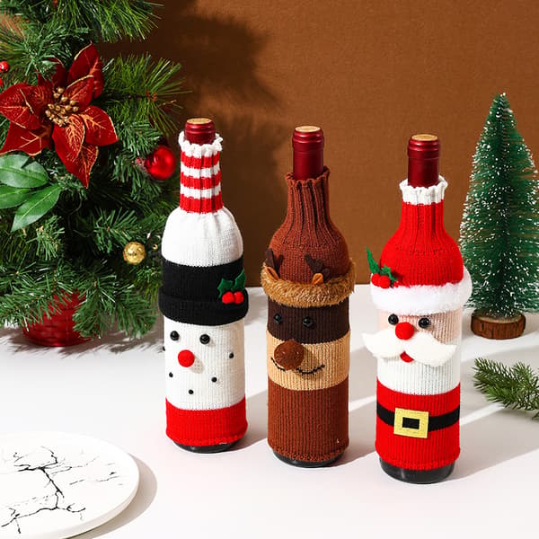 Julvinsflasköverdrag (3-pack) – Stickade tecknade tomtar och snögubbar – Festlig bordsdekoration