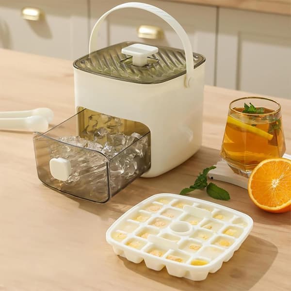 Portable Ice Maker with Lid and Storage Container (48 Ice Cubes) — Ice Cube Mold with Hidden Handle — One-Touch Ice Release White White White