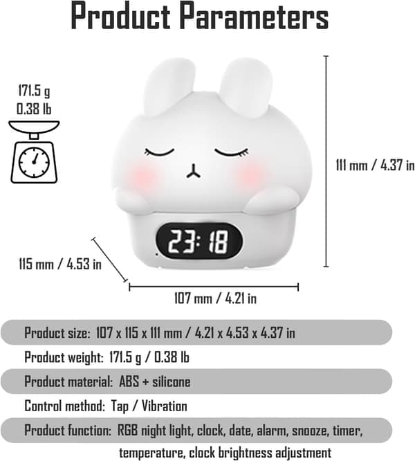 Alarm Clock with Light, Bedroom for Adults and Children, Has Snooze Function and USB Charging Port, Dual Alarm Rabbit
