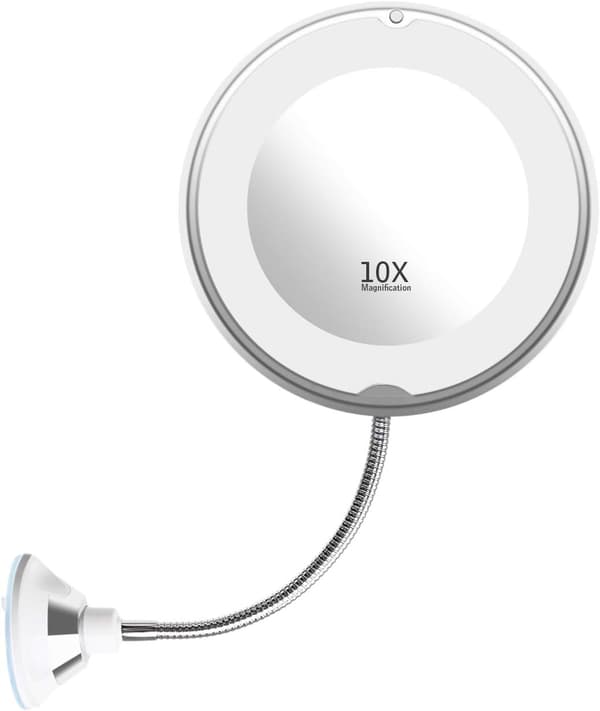 Flexibel Svanhals LED Sminkspegel, 10X Förstorande Sminkspegel med Låsande Sugkopp, Diffust Ljus och 360° Vridbar