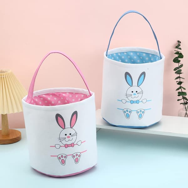 2-pack påskharkorgar för barn, personliga äggjaktkorgar med sött kanintryck för påskägg, godis, presenter (blå, rosa)