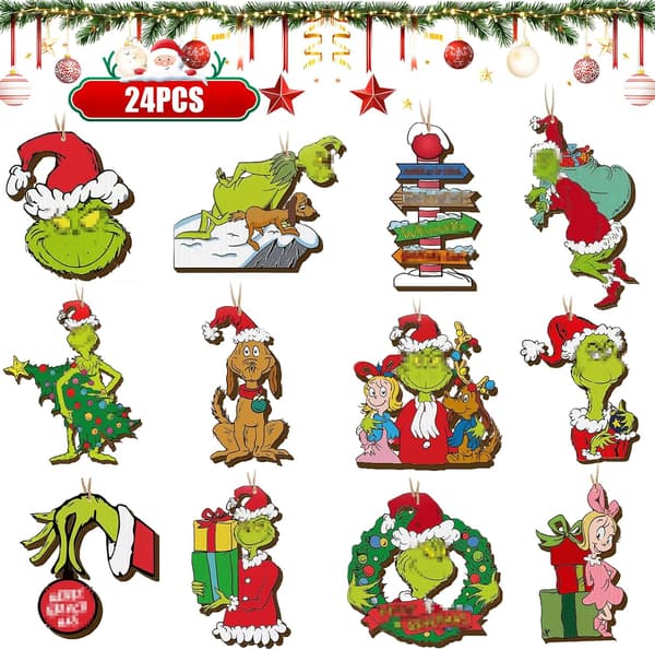 24 delar gröna monster jul trä hängande ornament