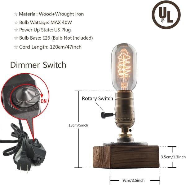 Industriell steampunk bordlampe, E27 pærer med trebunn