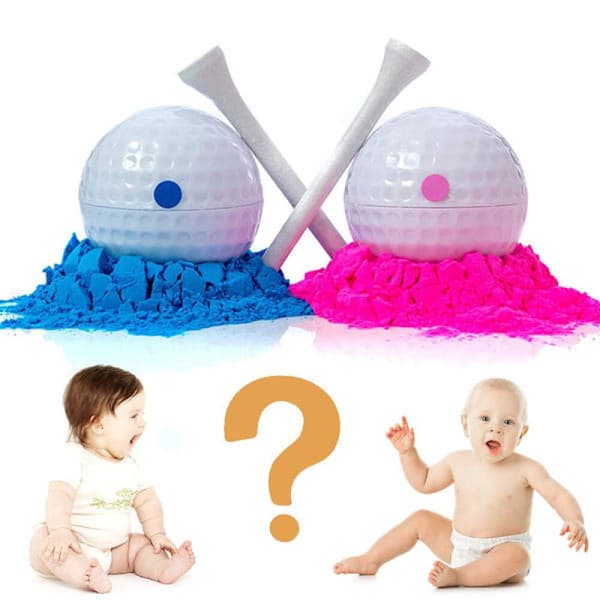 Kön avslöjar golfbollar blå rosa exploderande golfbollset flicka eller pojke baby avslöjar med golfpeggar
