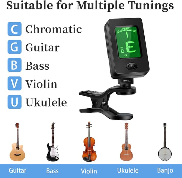 Gitarr Capo, Gitarrplektrum, Gitarrtillbehör, Gitarrstämmare för alla instrument Clip-on elektronisk stämmare för gitarr bas ukulele fiol mandolin banjo
