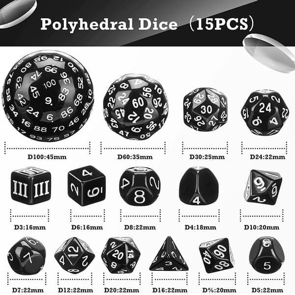 15-delars komplett polyedrisk tärningsset med D3 till D100 för D&D, MTG RPG bordsrollspel