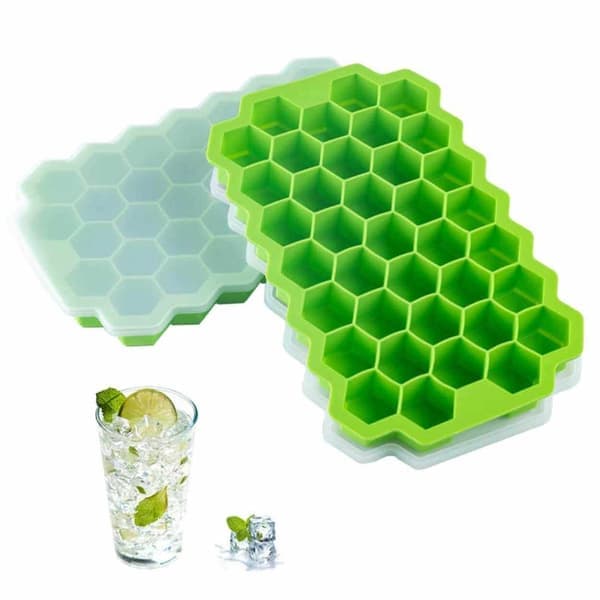 2-pack stapelbara isformar med lock - sexkantiga isbitsformar, silikon, blå