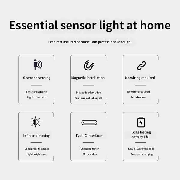 LED natlampe, automatisk bevægelsessensor og magnetisk monteringsbase; egnet til områdebelysning; dæmpbart lys.