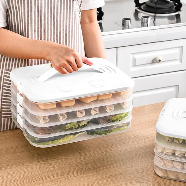 Matförvaringsbehållare med lock, lufttäta kakförvaringsbehållare i plast, 4-lagers stapelbara matbehållare, förvaringslåda för dumplings, vit