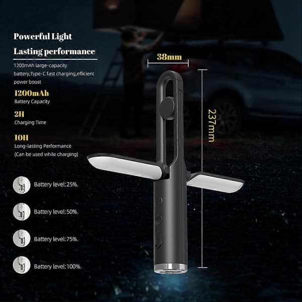 [RM]3-i-1 LED Udendørs Campinglampe Sammenfoldelig Genopladelig Hængende Teltlampe Udendørs Hængende Lanterne Sort