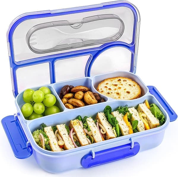 Bento Box Adult, Lunch Box, 4-Compartment Lunch Boxes, Drop-Proof, Dishwasher Safe & Made from BPA-Free Materials (Blue)