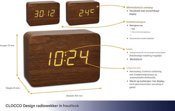 Digital Väckarklocka – Digital Väckarklocka i Trä – LED-Display, 3 Larm – 1 Enhet – Väckarklocka för Sovrum