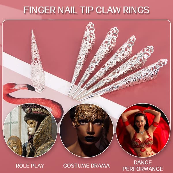 Nagelspetsar, kloformade ringar, knogskydd, Halloween cosplay, dans, guld.