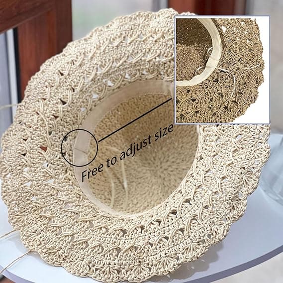 Elegant hæklet stråhat med flæsedetaljer, stråhatte til kvinder til sommerstrand, bredskygget solbeskyttelseshat