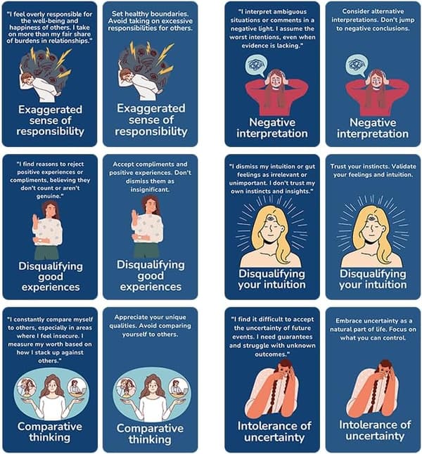 Kognitive Forvrængnings Flashcards, 50 Kort til Mental Sundhed og Genkendelse af Tankemønstre, Blå