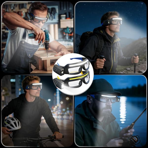2-pakke oppladbare LED-hodelyktbriller, 5 moduser sikkerhetsbriller, vanntett hodelykt for løping, sykling, camping, nattarbeid B2