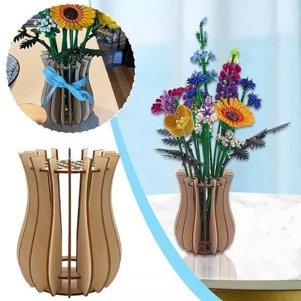 LEGO blomsterpusselvas, trävas, bukettarrangemang, heminredning.