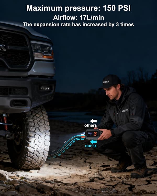 Däckpump bärbar luftkompressor, Digital däcktrycksmätare, 12V 150 PSI cykelpump, Nöd-LED-lampa för luftpump till bildäck