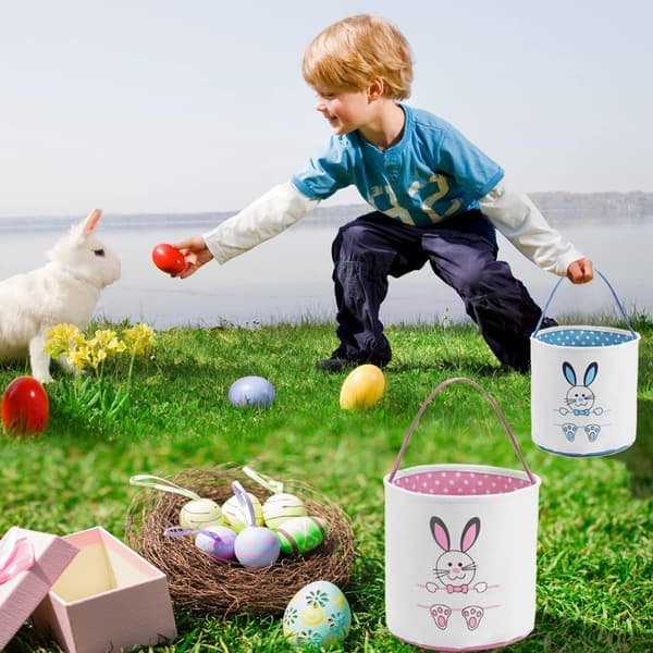 2-pack Easter Bunny Baskets for Kids, Personalized Egg Hunt Baskets with Cute Bunny Print for Easter Eggs, Candy, Gifts (Blue, Pink)