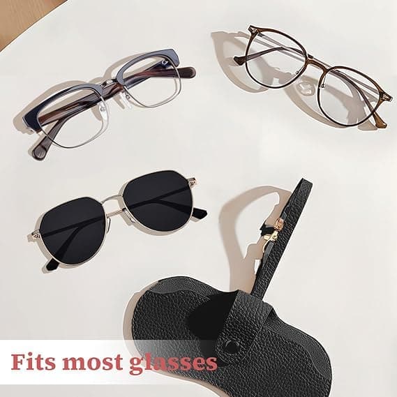 Portable Soft Leather Sunglasses Case with Keychain Hook, Lightweight, Slim, Metal Snap Black