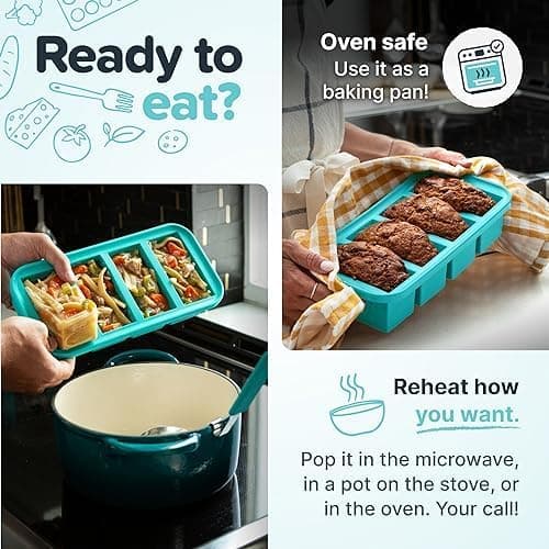 2-koppars silikonformar med lock – För att frysa lasagne, rester, soppor, såser, grytor, förberedda kuber, etc. – Akvamarin 2-pack