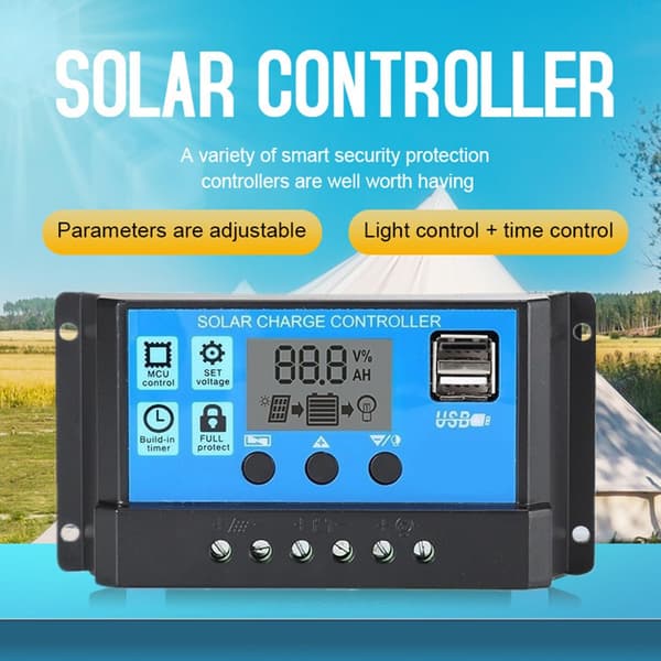 Solcelle ladekontroller PWM 30A 12V/24V Auto Parameter Solcellepanel Regulator med Justerbar LCD-skjerm Dobbel USB-port Timerinnstilling PWM MPPT