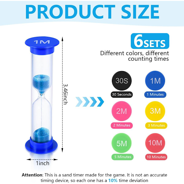 Sandpot timer, 6 farvede timeglas 30 sekunder / 1 minut / 2 minutter / 3 minutter / 5 minutter / 10 minutter sandklokke, sandglas