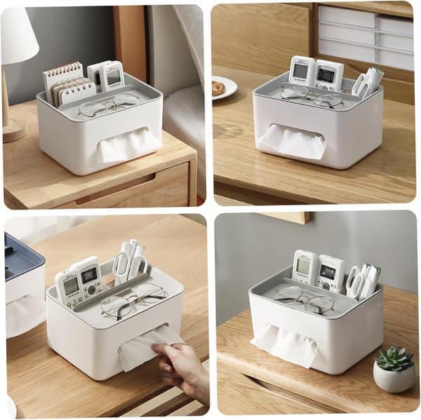 Tissue Box with Remote Control Organizer, Rectangular Tissue Case for Living Room, Bedroom, and Tabletop Storage (White and Gray)