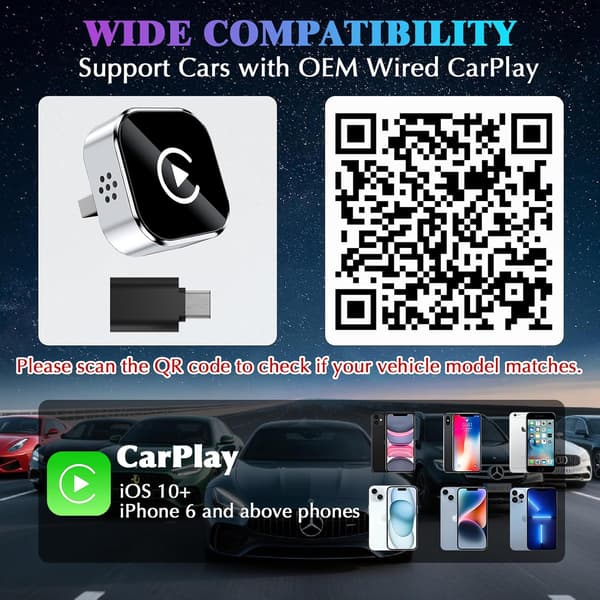 Trådløs CarPlay-adapter, Mini USB-design til biler med indbygget kablet Apple CarPlay, Plug and Play, nem at bruge, hurtig stabil forbindelse til iPhone