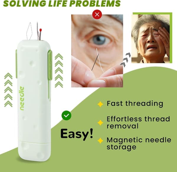 Newly Upgraded 3-in-1 Automatic Needle Threader Seam Ripper with Magnetic Storage Needle Box, Needle Threader Quick Sewing Kit (Green)