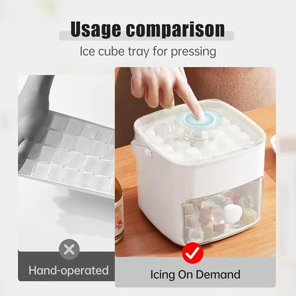 Portable Ice Maker with Lid and Storage Container (48 Ice Cubes) — Ice Cube Mold with Hidden Handle — One-Touch Ice Release White White White