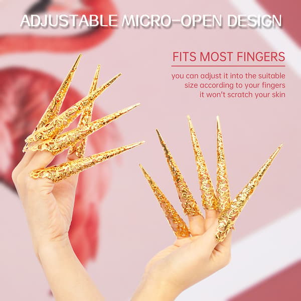 Nagelspetsar, kloformade ringar, knogskydd, Halloween cosplay, dans, guld.