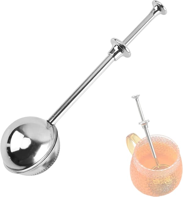 Tekugle i rustfrit stål med langt håndtag, te-infuser, te-diffusere, finmasket tekugle, tilbehør til te, tilbehør til tesæt, tefilter, krydderikugle