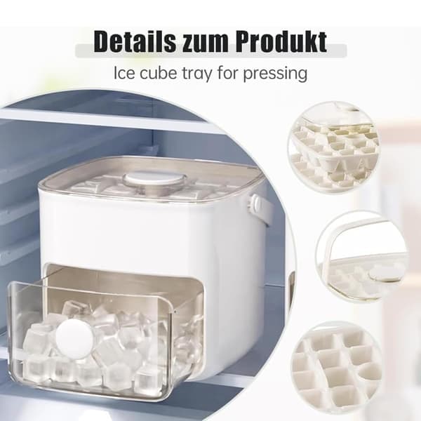 Portable Ice Maker with Lid and Storage Container (48 Ice Cubes) — Ice Cube Mold with Hidden Handle — One-Touch Ice Release White White White