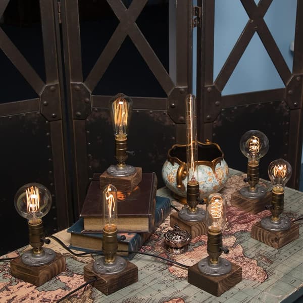 Industriell steampunk bordslampa, E27-lampor med träfot