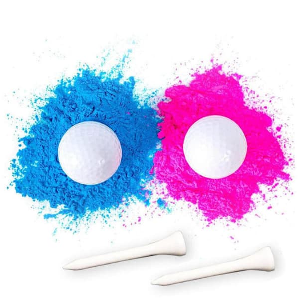 Kön avslöjar golfbollar blå rosa exploderande golfbollset flicka eller pojke baby avslöjar med golfpeggar