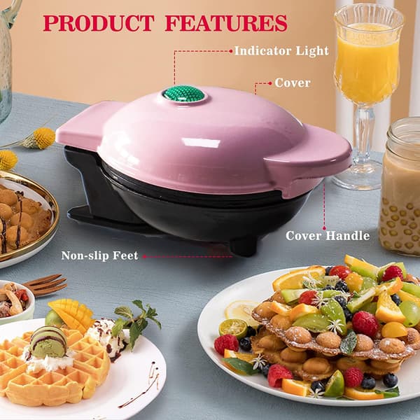 Våffeljärn med non-stick beläggning, våffelfyllning, justerbar bryningskontroll, hjärtform, rosa.