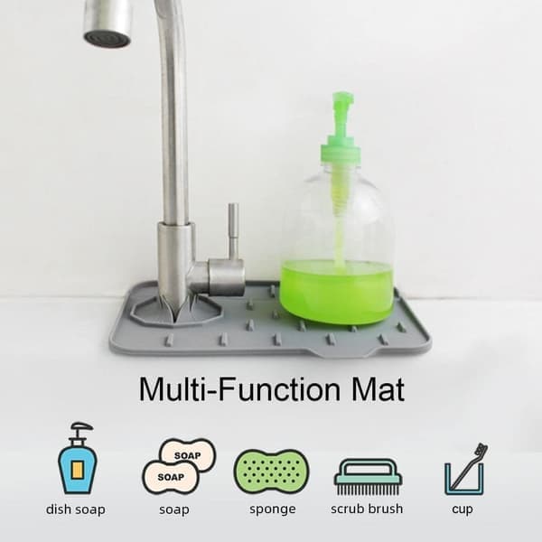 Splash Guard and Soap Sponge Holder, Splash-Proof Water Absorbing Dish Drying Mat for Kitchen Counter with Self-Draining Design (Grey)