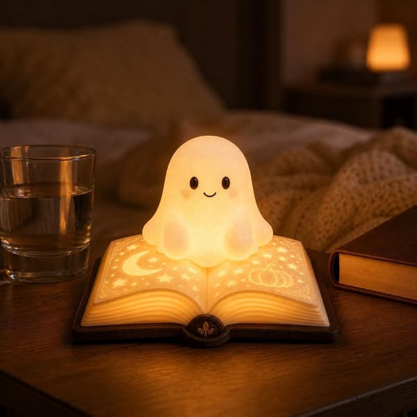 Spøgelse, der læser boglampe, sød uhyggelig natlampe med 3D-harpiksfigur til soveværelseshyldebord – Halloween-gave