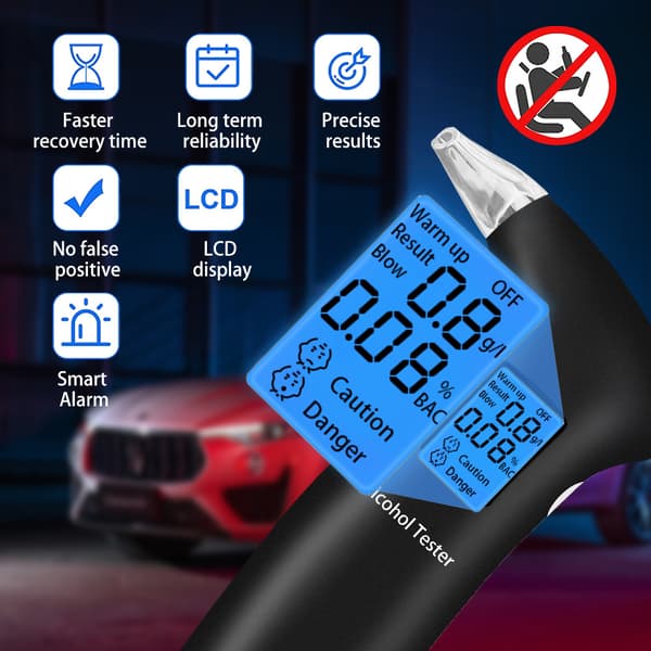 Alkometer, præcist alkometer til politiet, professionelt alkometer med 12 dyser og LCD-display