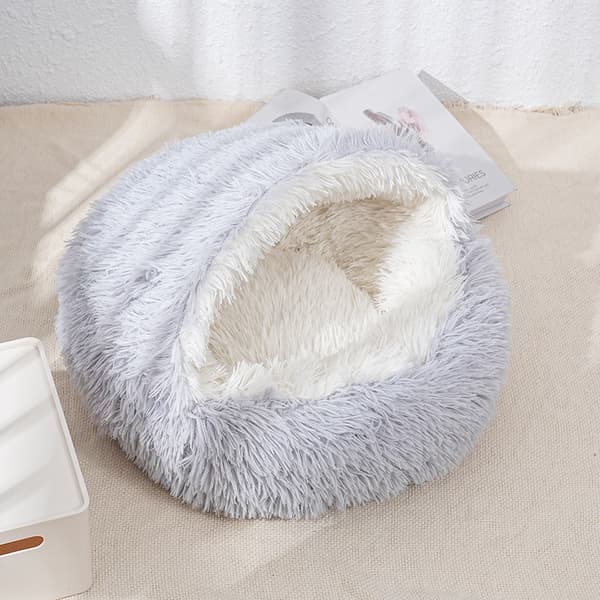 Halvsluten kattbädd i snäckskalsstil, varm vinterbädd för husdjur, grå, 60 cm i diameter.