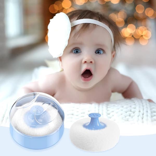 Empty Powder Box with Puff - Portable Refillable Body Powder Container - Blue Plastic Box with Ribbon Applicator - Travel and Home Use