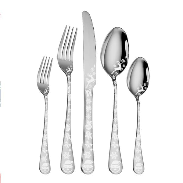 5-piece Stainless Steel Christmas Cutlery Set, with Christmas Snowflake and Deer Pattern, Silver