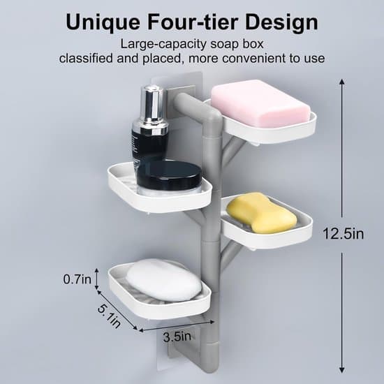 4-Tier Soap Shelf – Soap Holder – Soap Dish – Swiveling & Self-Draining – No-Drill Installation – Bathroom & Shower – Off-White